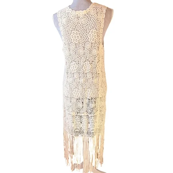 Adiva Crochet Duster Vest Womens Medium Cream Boho Fringe Longline Open Front - Picture 4 of 8
